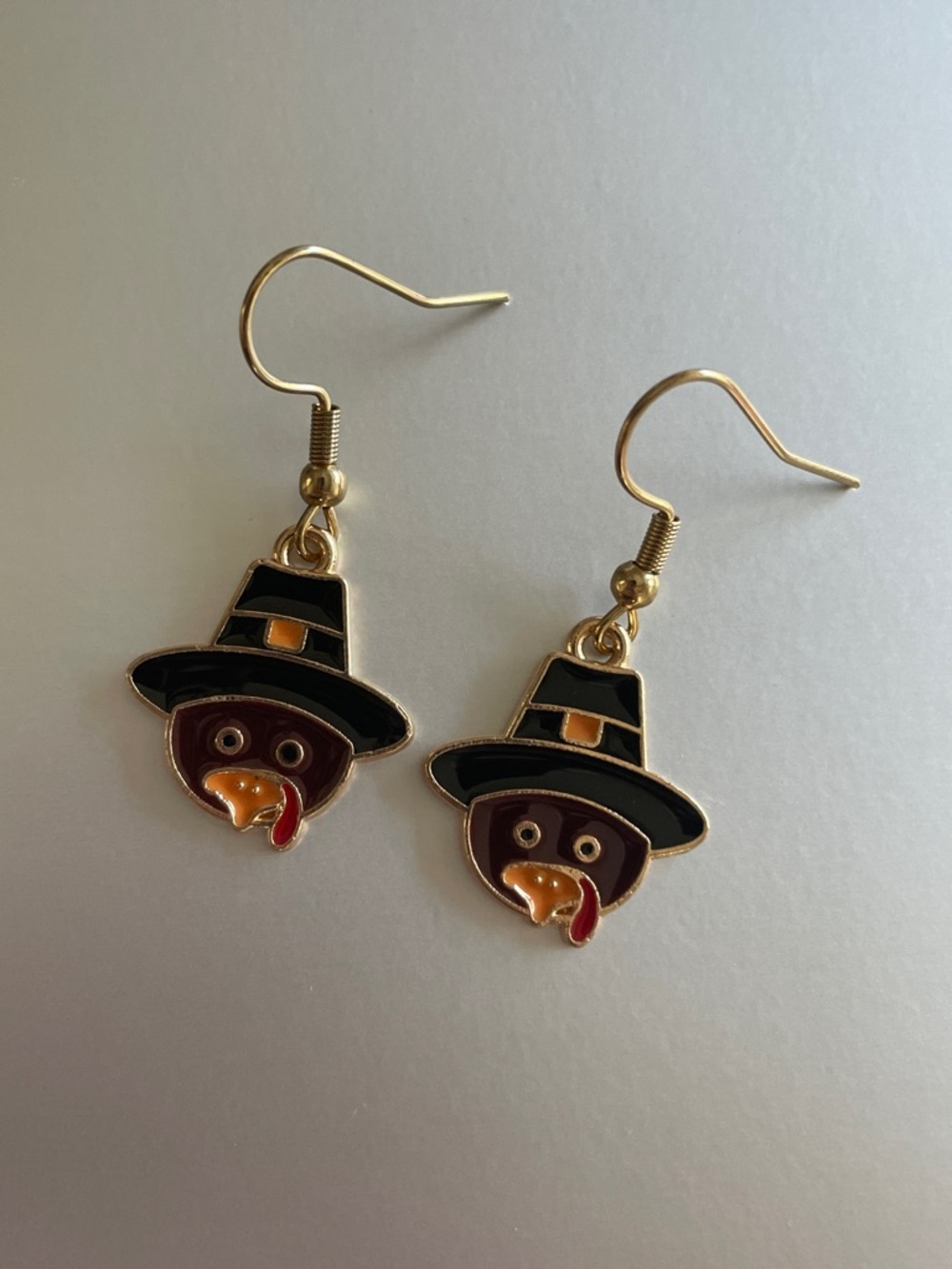 Gold-Tone Black Turkey Pilgrim Hat Dangle Earrings